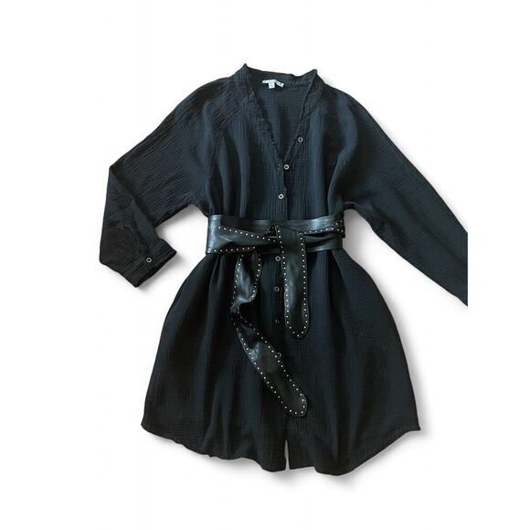 L Love Women's Black Button Down Shirt/ Dress/ Tunic Large Textured Two Pockets - Picture 1 of 10